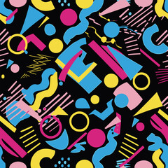 Abstract Geometric Seamless Pattern with Retro Shapes Colorful 80s Memphis Style Background	