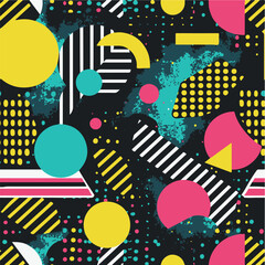 Abstract Geometric Seamless Pattern with Retro Shapes Colorful 80s Memphis Style Background	