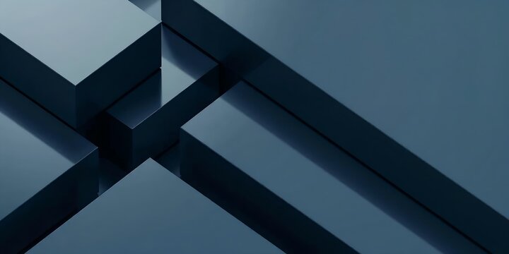 Geometric arrangement of intersecting steel blue rectangles and bars with sharp shadows