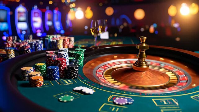 Close-up of a vibrant casino roulette wheel spinning near colorful stacks of chips and elegant glass of white wine