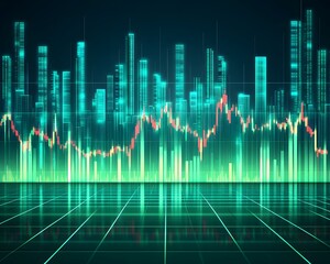 Abstract glowing futuristic cityscape with stock market line graph chart analysis