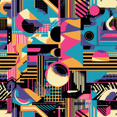 Abstract Geometric Seamless Pattern with Retro Shapes Colorful 80s Memphis Style Background	