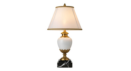 Ornate white and gold table lamp on black background Keywords: table lamp, lighting, interior