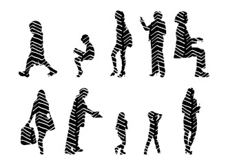 Vector illustration, Outline silhouettes of people, Contour drawing, people silhouette, Icon Set Isolated , Silhouette of sitting people, Architectural set