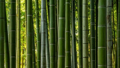 Fototapeta premium A dense stand of tall, green bamboo stalks thrives, creating a natural, textured wall. Sunlight filters through the upper leaves, illuminating the scene