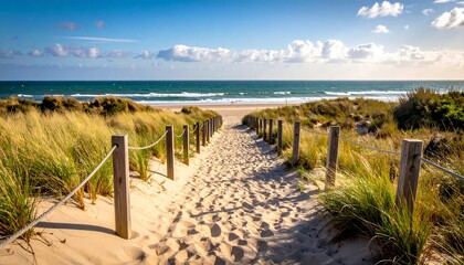 A sandy path leads through grassy dunes to a sunlit beach and turquoise ocean under a partly cloudy, blue sky