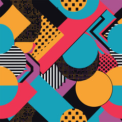 Abstract Geometric Seamless Pattern with Retro Shapes Colorful 80s Memphis Style Background	