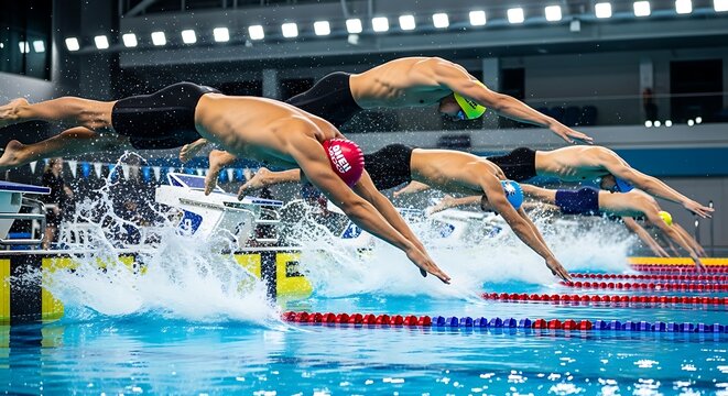 Swimmers dive into the pool for a race in an indoor swimming competition