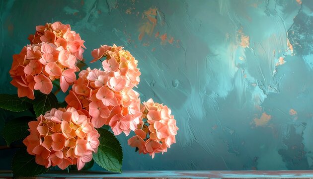 Lush, vibrant hydrangeas in full bloom, set against a teal and textured background with hints of gold - Powered by Adobe