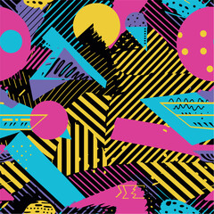 Abstract Geometric Seamless Pattern with Retro Shapes Colorful 80s Memphis Style Background	