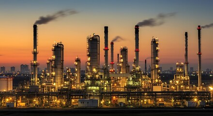 Naklejka premium Industrial Factory with Tall Smokestacks Emitting Smoke at Sunset
