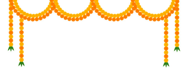 Marigold flower elements different types decoration: traditional celebration festival of  Diwali, deepawali, wedding, invitation, card, floral, dussehra, on transparent background, vector png design