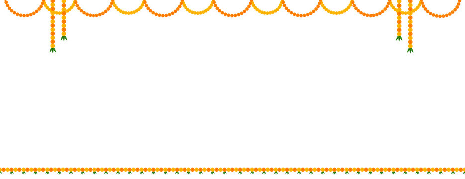 Marigold flower garland elements different types decoration mala: traditional celebration festival of  Diwali, deepawali, wedding, invitation, card, floral, dussehra, vector png design