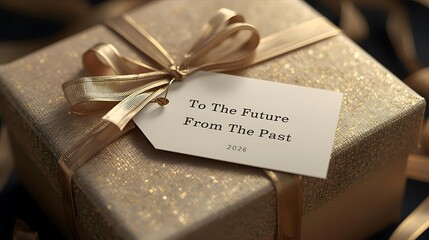 Golden Gift Box with Bow and Message Tag, A Box from The Past To The Future, A Luxurious Present Wrapped in Gold