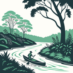 A person paddles a canoe down a winding river surrounded by lush green trees and vegetation in a stylized illustration © md ruhul11