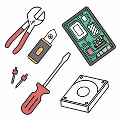 Collection of computer hardware components and tools for repair and assembly including a hard drive circuit board screwdrivers and pliers