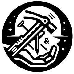 Illustration of a hand holding nails and a hammer in a circular frame with stars and an ampersand