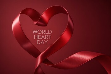 Elegant red ribbon artfully forms a heart shape symbolizing World Heart Day awareness and health campaigns