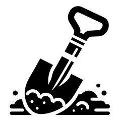 Illustration of a black shovel digging into soil with a handle and visible dirt particles around it