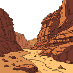 Stylized illustration of a desert canyon with a winding path and sparse vegetation under a bright sky © md ruhul11
