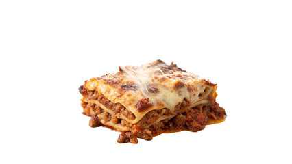 Delicious homemade lasagna served showcasing layers of pasta, meat sauce, and cheese On a transparent background