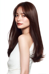 Elegant Japanese Model with Shiny Brown Straight Hair in Minimal White Studio