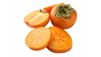 Fresh persimmons displayed with a cross-section showing their vibrant orange color and unique texture