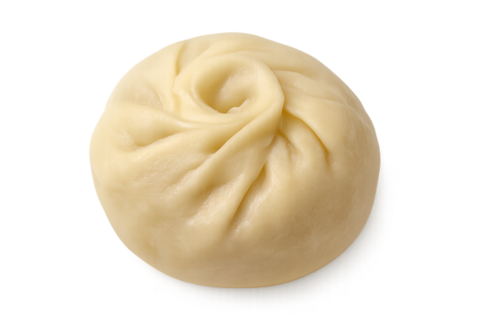 Soft steamed dumpling with pleated folds and smooth pale dough, round delicate