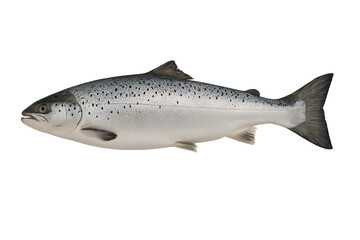 Realistic silvery salmon-like fish with dark speckled back and tapered body, fins along its sides