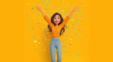 Happy 3D Cartoon Girl Celebrating with Confetti on Yellow Background