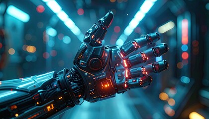 Close Up of Robotic Hand with Glowing Details in Futuristic Tunnel