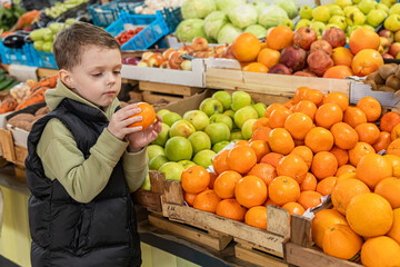 Little boy buying tangerines, oranges and green apples at farmer's market. Healthy nutrition concept. High quality photo