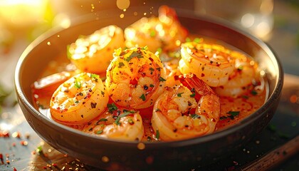 Close Up of Sauteed Shrimps in a Dark Bowl with Glistening Sauce and Herbs in Editorial Style Glowing Daylight Food Photography