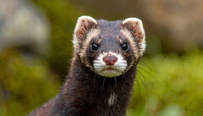 Fototapeta premium A close-up shot of a dark brown ferret staring directly at the camera with a blurred green background. The animal is in sharp focus