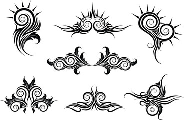 Abstract tribal tattoo design collection, black swirl ornament elements, ethnic decorative vector set, body art style, ornamental pattern illustration, vintage decoration