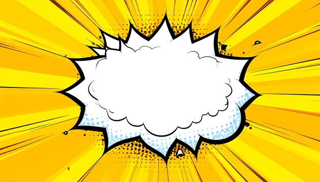 A dynamic comic book-style speech bubble explodes from a bright yellow background with radial lines. Its centered white space invites text