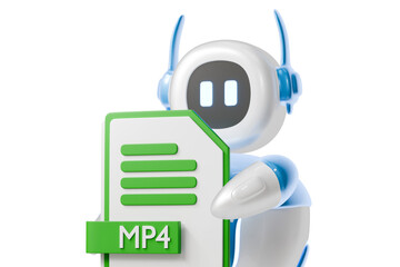 3d robot holding mp4 file icon. video media concept. Minimal cartoon mp4 video file media for app banner and website header. isolated on white background. 3d render.