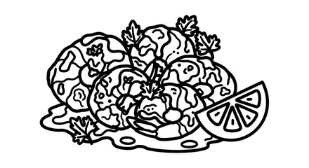 Deliciously Drawn Falafel with Lemon Wedge and Fresh Herbs.