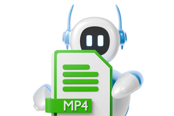 Obraz premium 3d robot holding mp4 file icon. video media concept. Minimal cartoon mp4 video file media for app banner and website header. isolated on white background. 3d render.