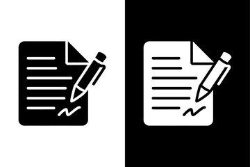 Contract Signing Icon. Black White Pen, Signature, and Paper Vector Illustration
