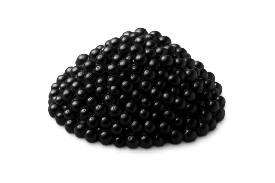 Pile of glossy black beads forming small mound on transparent background