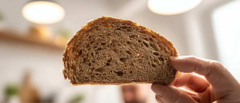 The fresh slice of artisan sourdough bread held in hand - Powered by Adobe
