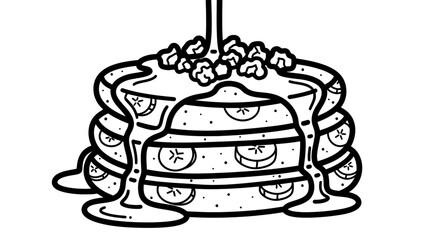 Stack of pancakes with syrup and banana slices delicious breakfast.