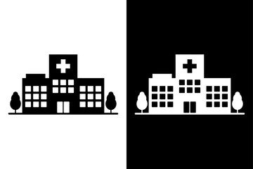 Hospital Building Stencil Icon. Black and White Vector Symbol Design