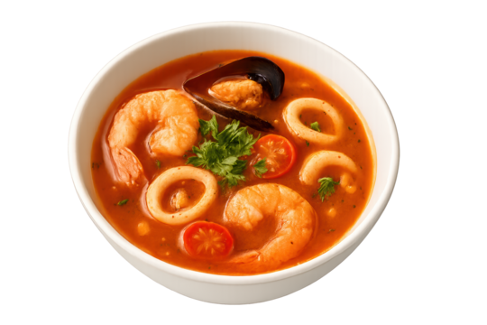 White bowl of tomato-red seafood soup with shrimp, mussels, squid rings, herbs, and sliced tomatoes