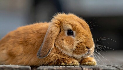 A close-up shot of a fluffy, orange-brown bunny with drooping ears sitting on weathered wooden planks. The background is blurred