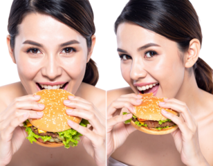Collection of Two Female Eating Hamburger Poses, isolated on transparent background