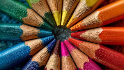 Fototapeta premium Colorful Pencil Tips in Circular Arrangement – Macro Photography of Art Supplies