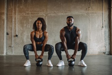 Naklejka premium A man and a woman are engaged in squatting with kettlebells in a gymnasium