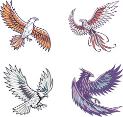 Fototapeta premium Four unique phoenix bird illustrations in varied styles showcasing rebirth, transformation, and mythical power for creative projects